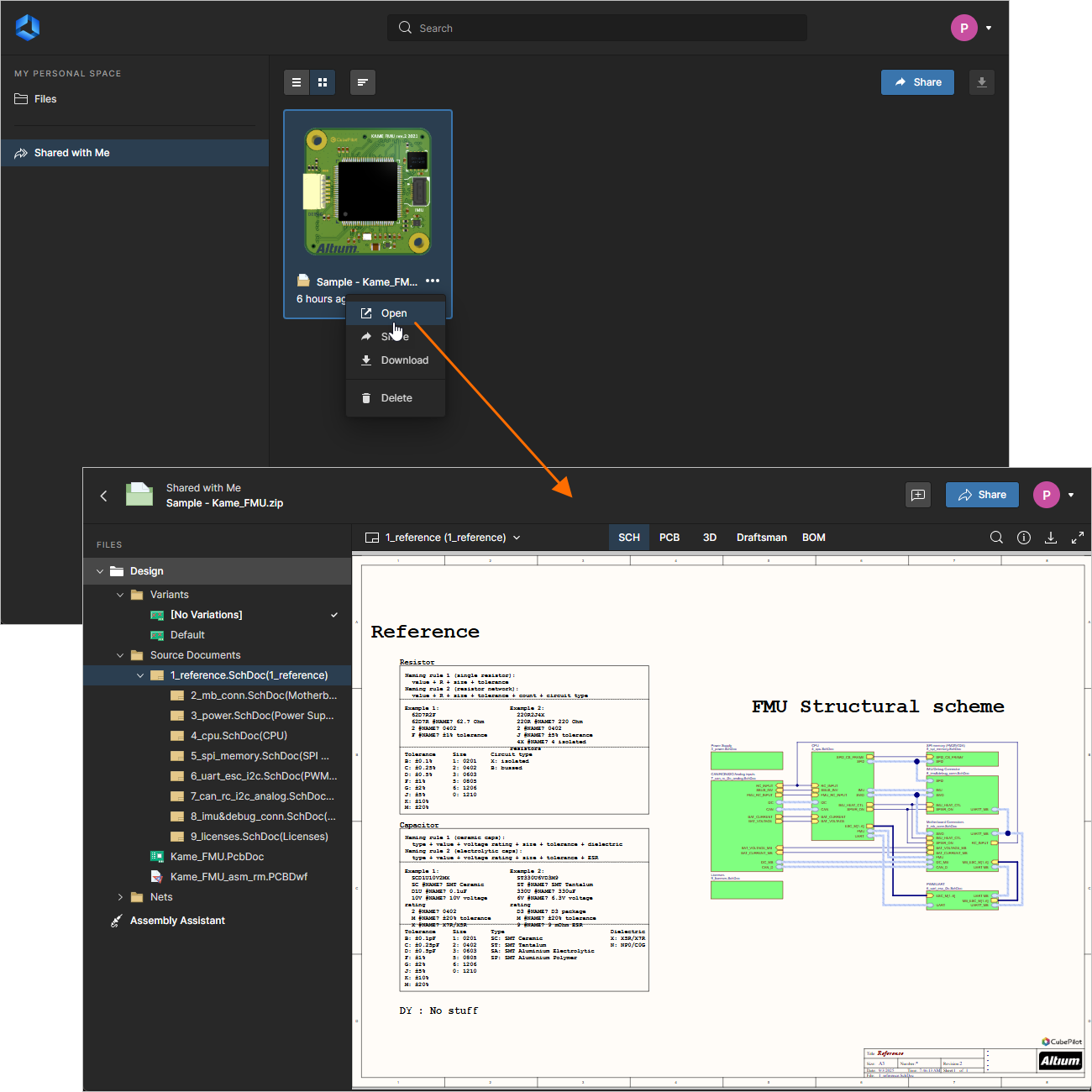Accessing the data snapshot from the Shared with Me page of the Altium 365 Platform Interface.