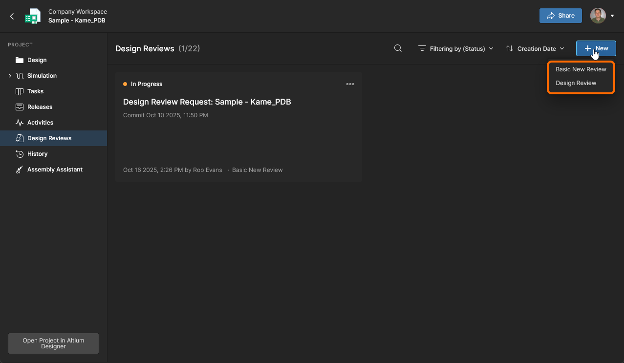 Accessing the available Design Review Project Activities definitions (both supplied and custom) within the Workspace detailed project view. Accessing the available Design Review Project Activities definitions (both supplied and custom) within the Workspace detailed project view.