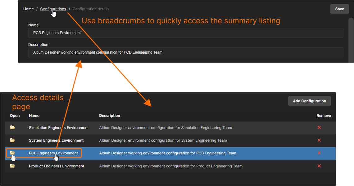 Используйте хлебные крошки, чтобы вернуться на страницу сводки текущих определенных конфигураций. Щелкните имя конфигурации или связанный с ней значок папки, чтобы вернуться к Configuration details вид. Используйте хлебные крошки, чтобы вернуться на страницу сводки текущих определенных конфигураций. Щелкните имя конфигурации или связанный с ней значок папки, чтобы вернуться к Configuration details вид.