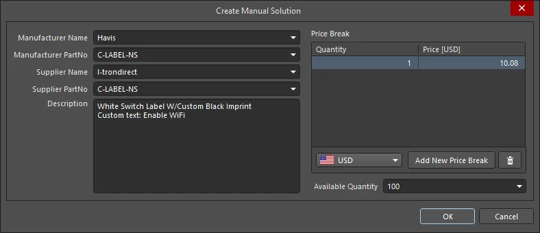 Create Manual Solution dialog, used to add details for a part that cannot be sourced through the Altium Parts Provider