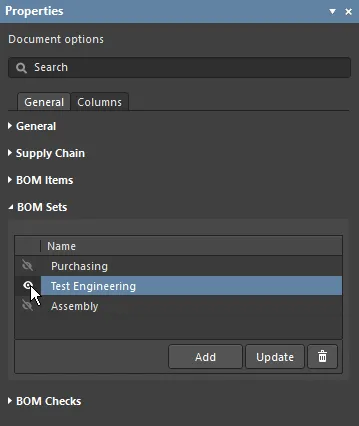 Click the eye icon to enable a BOM Set.