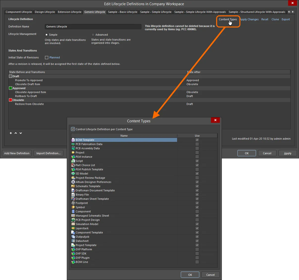 Accessing the Content Types dialog – command central for determining which content types can use the lifecycle definition being configured. Accessing the Content Types dialog – command central for determining which content types can use the lifecycle definition being configured.