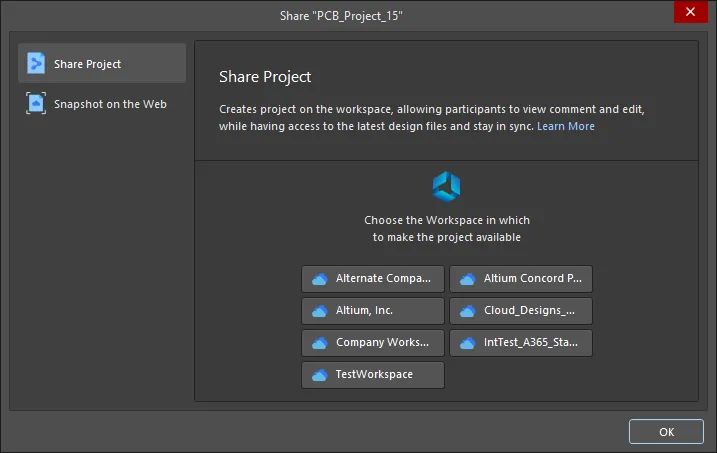 The Share dialog when attempting to share an open project that is not registered with a Workspace and no Workspace is connected