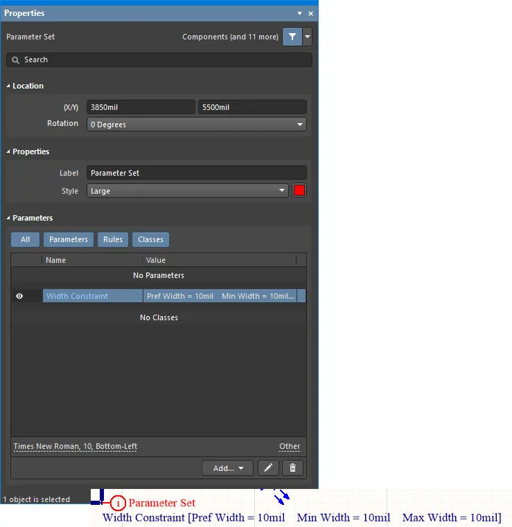 Multiple rule constraints defined for a particular net, courtesy of a Parameter Set directive.