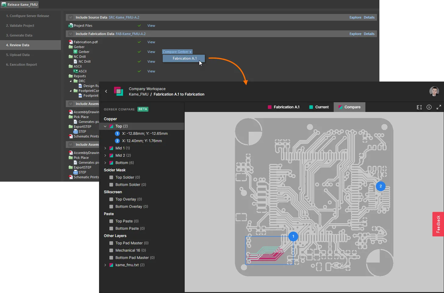 Accessing the Gerber comparison feature from the Project Releaser, prior to releasing the data to an Altium 365 Workspace. Accessing the Gerber comparison feature from the Project Releaser, prior to releasing the data to an Altium 365 Workspace.