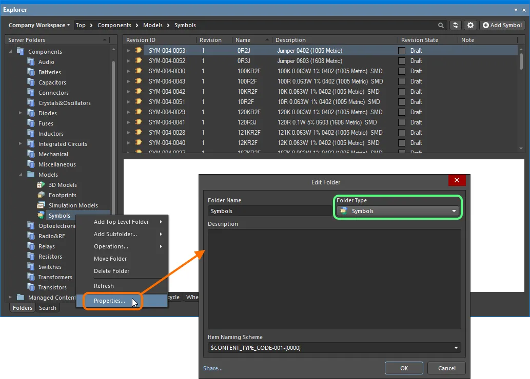 Specifying the folder type – its intended use – gives a visual indication of the content of that folder when browsing the Workspace. Specifying the folder type – its intended use – gives a visual indication of the content of that folder when browsing the Workspace.