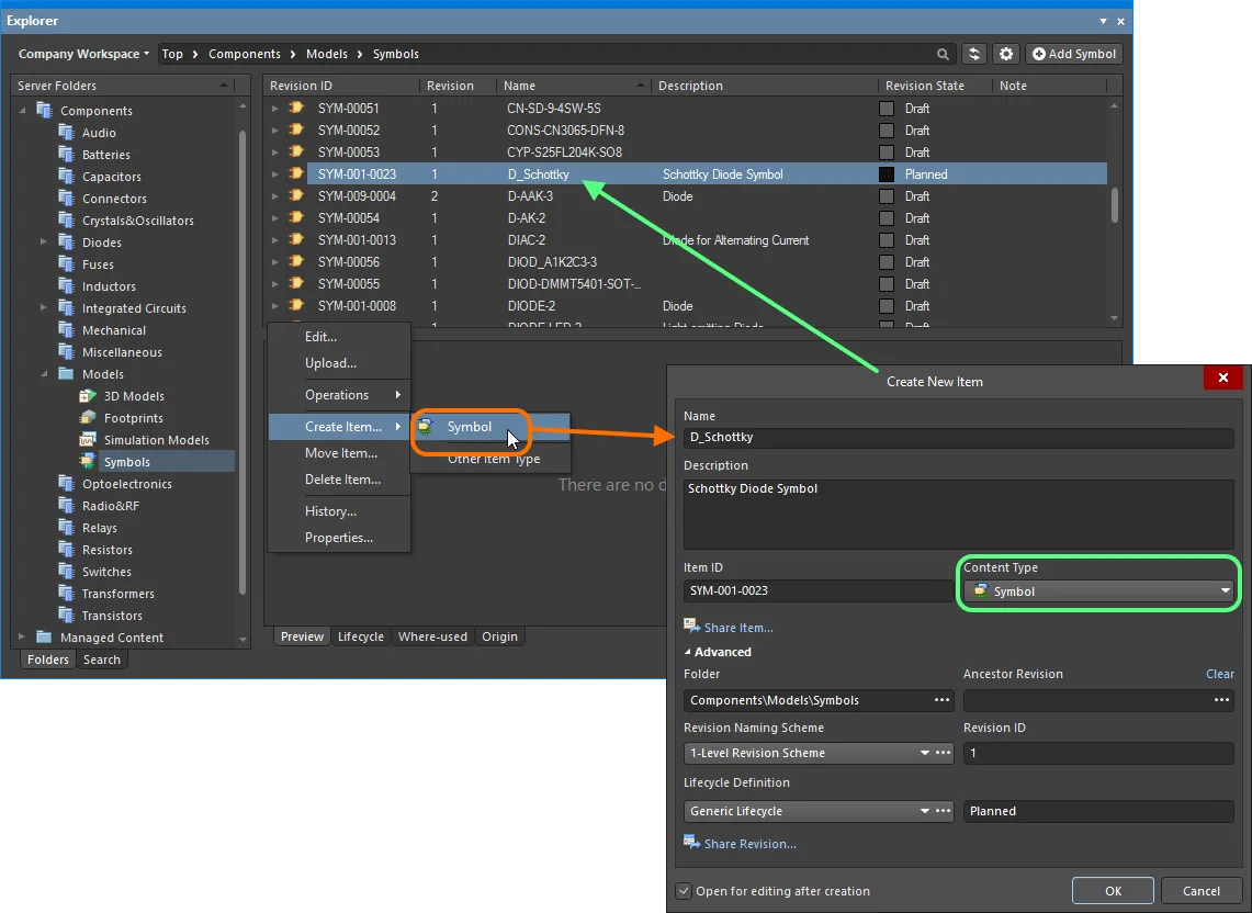 Creating a symbol within a Symbols folder – the correct Content Type is available on the context menu. Creating a symbol within a Symbols folder – the correct Content Type is available on the context menu.