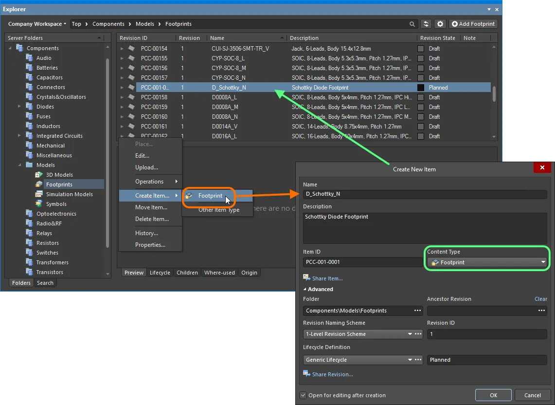 Creating a footprint within a Footprints folder – the correct Content Type is available on the context menu. Creating a footprint within a Footprints folder – the correct Content Type is available on the context menu.