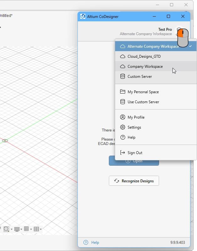 Menu used to select the active workspace, to change to a custom server, or sign out