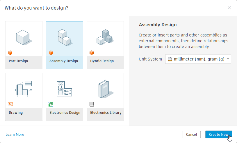 Select Assembly Design when you create a new document to pull a PCB into Fusion.
