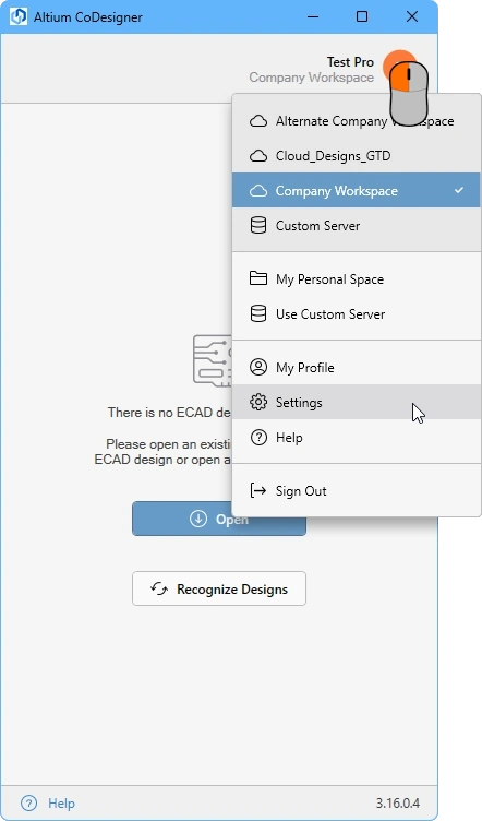 Click anywhere on the text or icon at the top of the panel to display the MCAD CoDesigner menu.