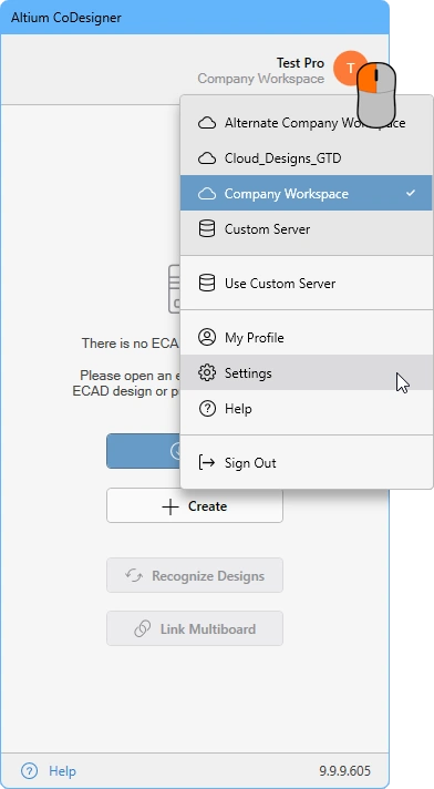Click anywhere on the text or icon at the top of the panel to display the MCAD CoDesigner menu.