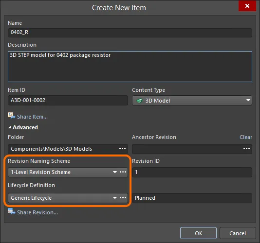 Selecting the Lifecycle Definition and Revision Naming schemes for a manually created 3D model.