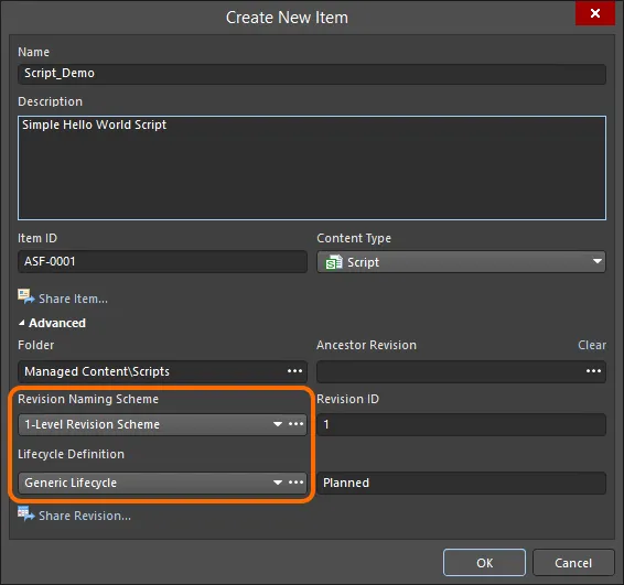 Selecting the Lifecycle Definition and Revision Naming schemes for a manually created script.