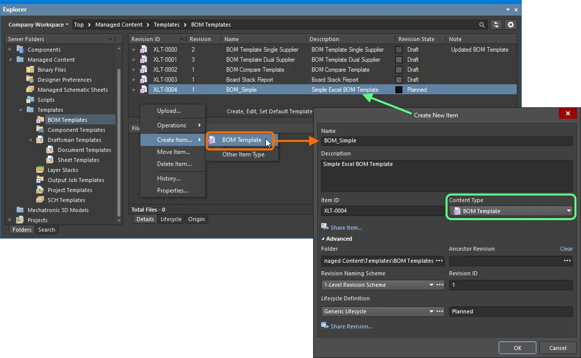 Creating a BOM template within a BOM Templates folder – the correct Content Type is available on the context menu. Creating a BOM template within a BOM Templates folder – the correct Content Type is available on the context menu.