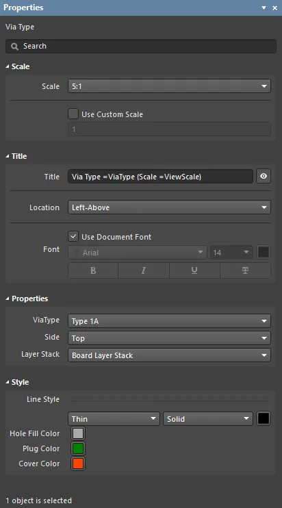 The Properties panel when a Via Type View is selected. The Properties panel when a Via Type View is selected.