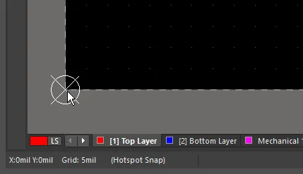 PCB editor, showing the board and cursor after the origin is set