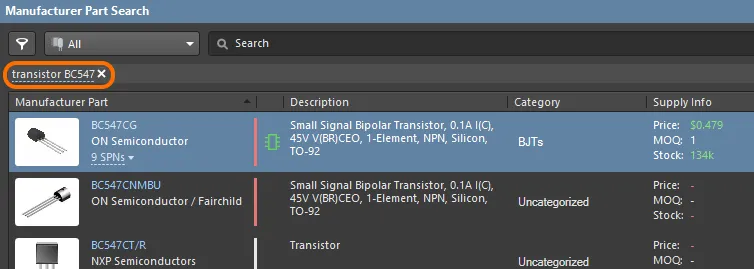 Manufacturer Part Search panel, searching for a transistor