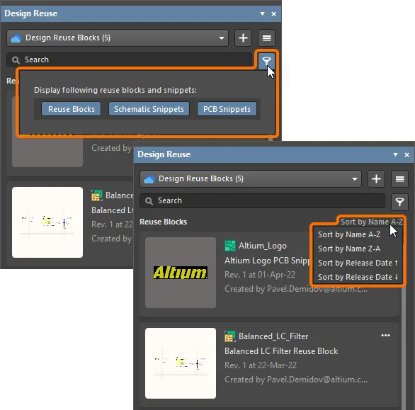 Use filtering and sorting options to configure content display in the panel Use filtering and sorting options to configure content display in the panel