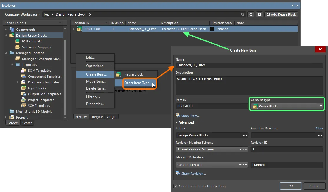 Creating a reuse block within a Design Reuse Blocks folder – while the correct Content Type is available on the context menu (Reuse Block command), using this will take you into item-less reuse block creation mode. To create a traditional Item using the Create New Item dialog, choose the Other Item Type command from the menu instead. Creating a reuse block within a Design Reuse Blocks folder – while the correct Content Type is available on the context menu (Reuse Block command), using this will take you into item-less reuse block creation mode. To create a traditional Item using the Create New Item dialog, choose the Other Item Type command from the menu instead.