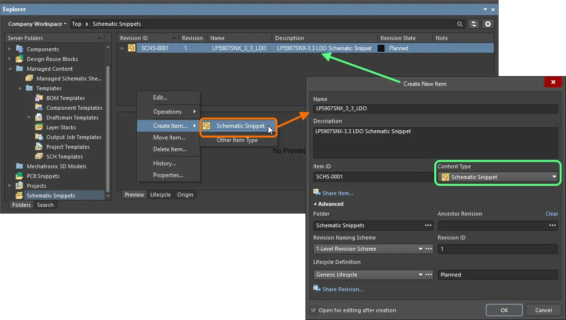 Creating a schematic snippet within a Schematic Snippets folder – the correct Content Type is available on the context menu. Creating a schematic snippet within a Schematic Snippets folder – the correct Content Type is available on the context menu.