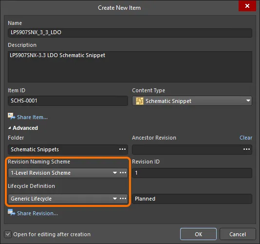 Selecting the Lifecycle Definition and Revision Naming schemes for a manually created schematic snippet.