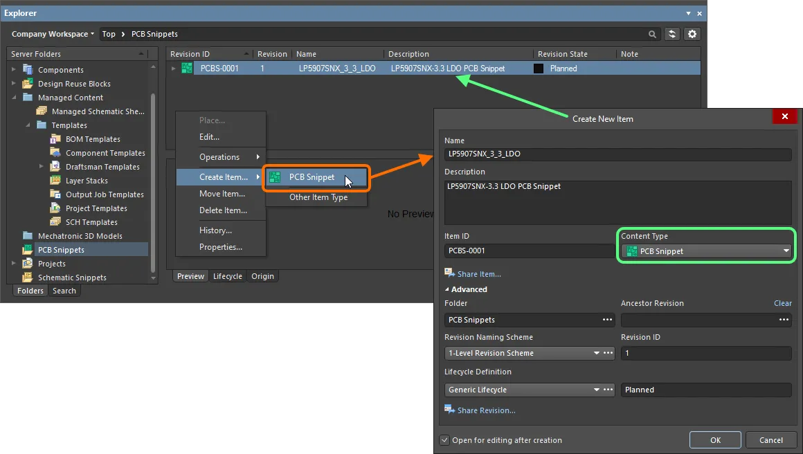 Creating a PCB snippet within a PCB Snippets folder – the correct Content Type is available on the context menu. Creating a PCB snippet within a PCB Snippets folder – the correct Content Type is available on the context menu.
