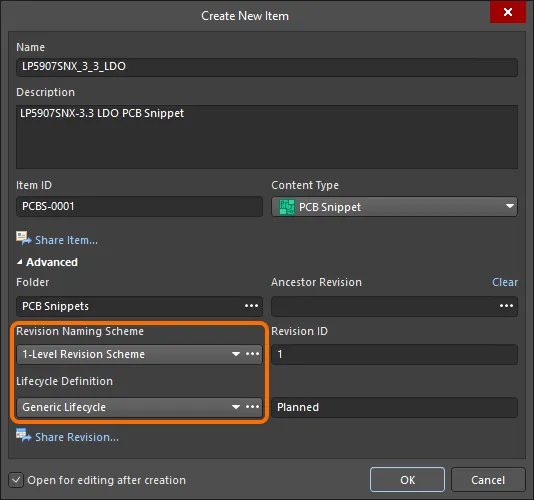 Selecting the Lifecycle Definition and Revision Naming schemes for a manually created PCB snippet.