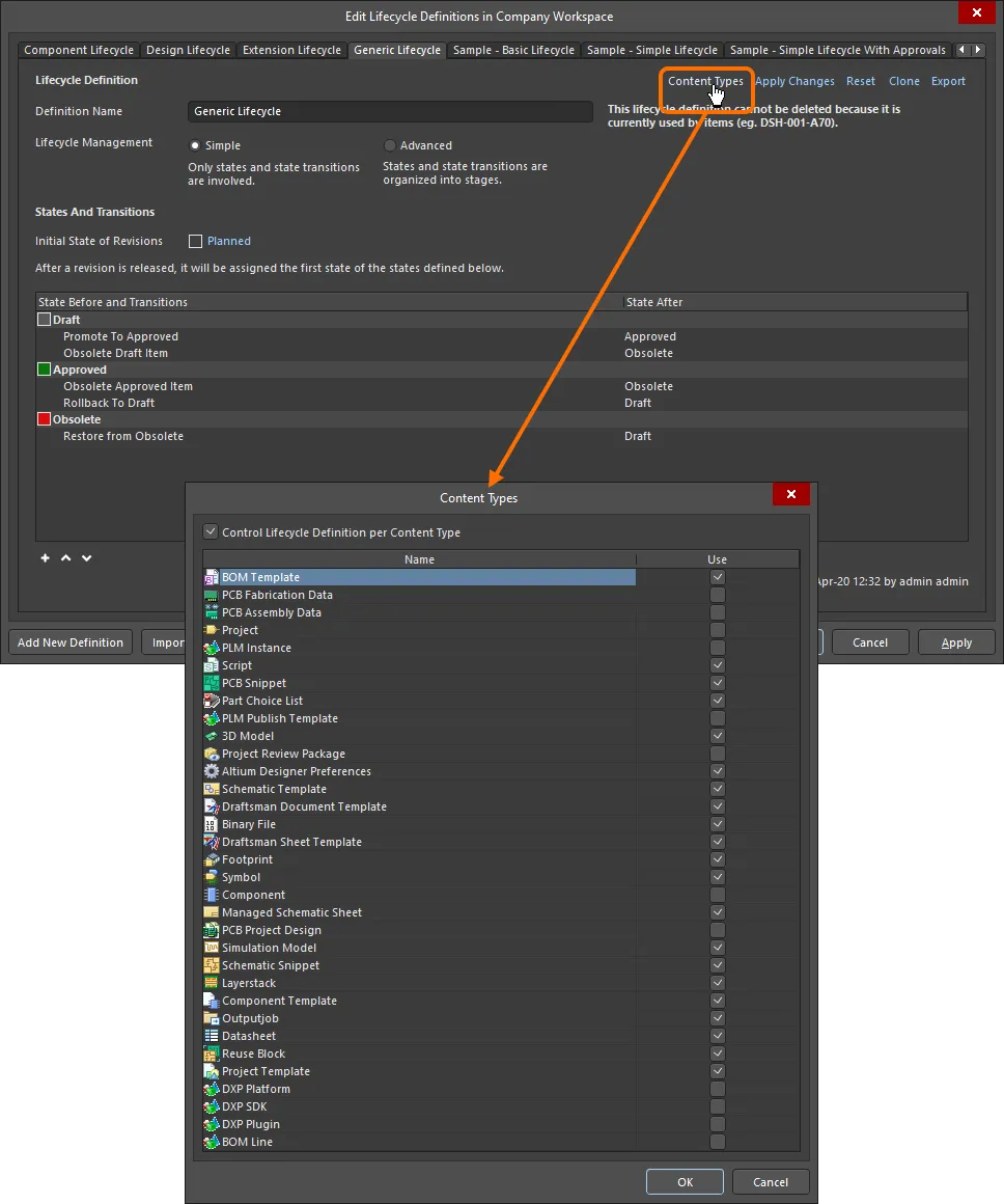 Accessing the Content Types dialog – command central for determining which content types can use the lifecycle definition being configured. Accessing the Content Types dialog – command central for determining which content types can use the lifecycle definition being configured.