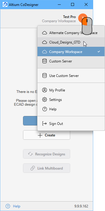 Menu used to select the active workspace, to change to a custom server, or sign out
