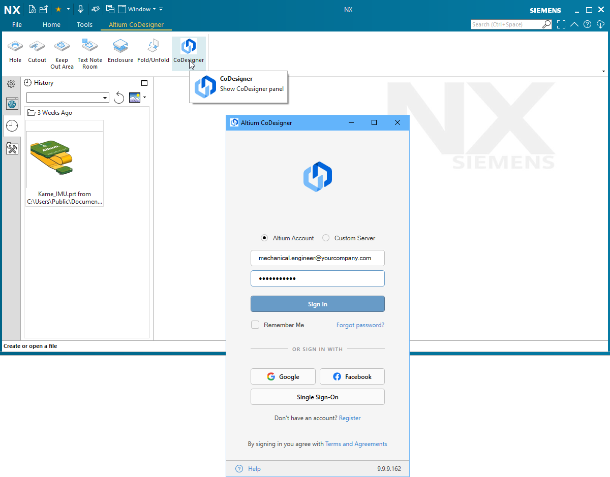CoDesigner is accessed through a Siemens NX panel.