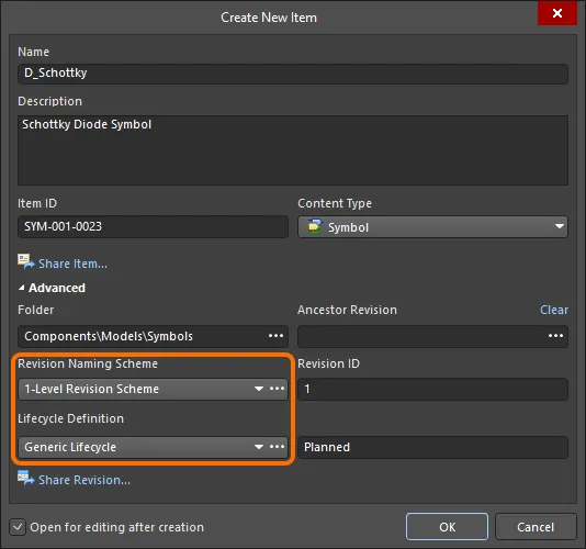 Selecting the Lifecycle Definition and Revision Naming schemes for a manually created symbol.