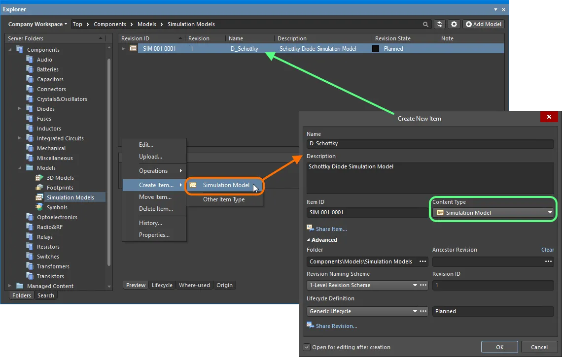 Creating a simulation model within a Simulation Models folder – the correct Content Type is available on the context menu. Creating a simulation model within a Simulation Models folder – the correct Content Type is available on the context menu.