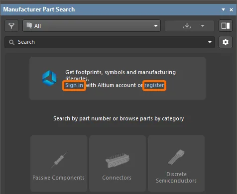 Use the controls in the panel to sign in to your Altium account or to register a new one.