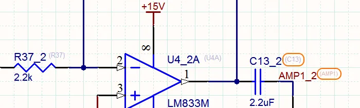 The view for channel 2 (CIN2) of a multi-channel design. Note how the designators and net names of the original logical schematic are displayed as superscripts.