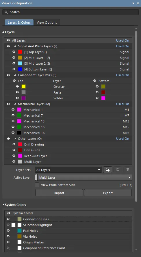 Display related settings are configured in the View Configuration panel.