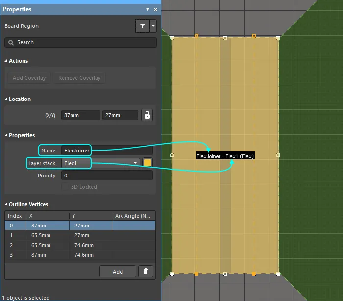 The Board Region's Name and assigned Layer stack are displayed in the geometric center of that region. (Flex) is also displayed when the assigned stack is configured as flexible.