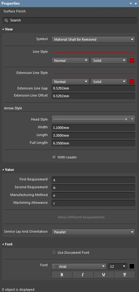 The Surface Finish mode of the Properties panel