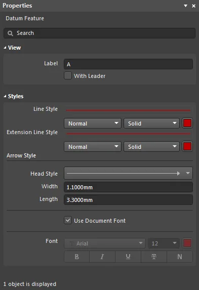 The Datum Feature mode of the Properties panel.