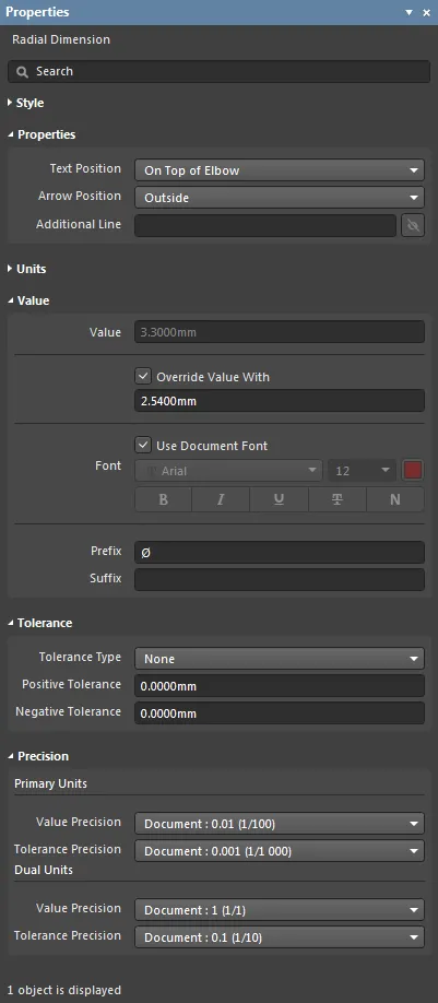 The Radial Dimension mode of the Properties panel.