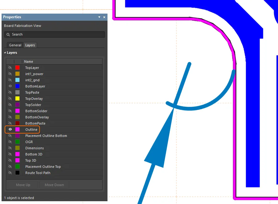 The curve in a board outline is created from short straight segments, include an outline on a mechanical layer to dimension the curve. Hover the cursor over the image to reveal the outline.