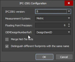 Define export settings in the IPC-2581 Configuration dialog.