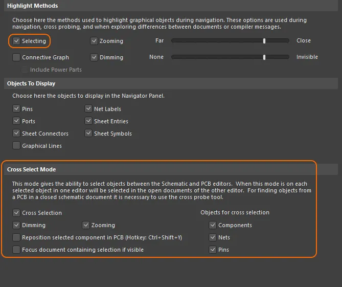 These options configure the navigation and cross selection behavior.