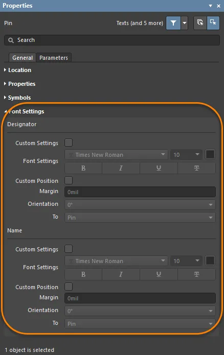The font and location of the pin Designator (number) and Name can be modified for individual pins if required.