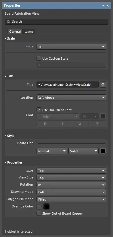 The Board Fabrication View mode of the Properties panel