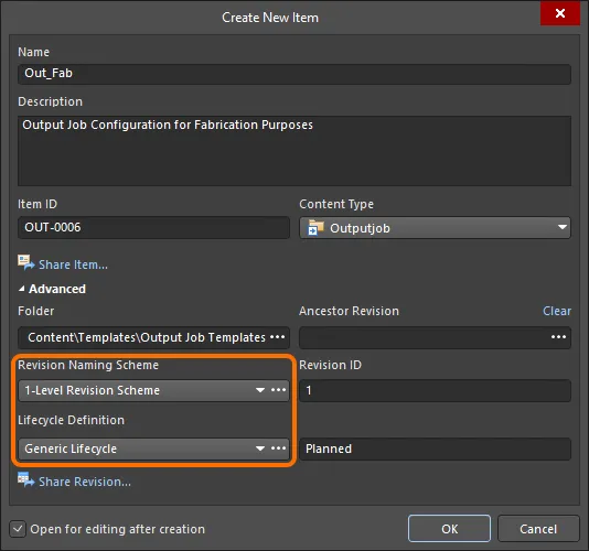 Selecting the Lifecycle Definition and Revision Naming schemes for a manually created outputjob.