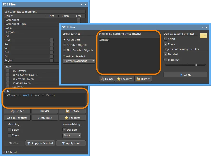 The PCB Filter and SCH Filter panels with queries