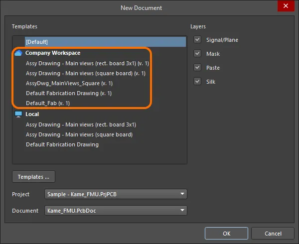 If Draftsman Document Template Items exist, then when actively connected to the Workspace they will be presented under the entry of this Workspace.