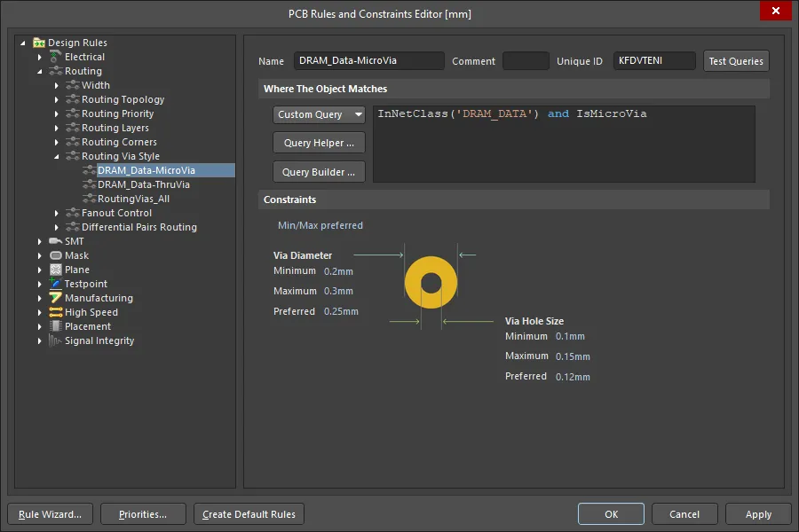 Design rules can be scoped to apply to specific types of vias.