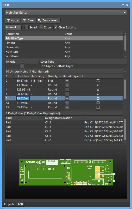 The panel sections show the cumulative filtering applied to hole types, styles and status.